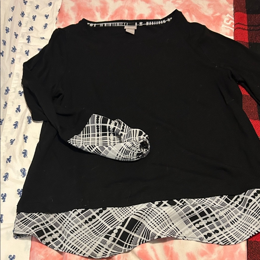 Chico's Black and White Plaid Accent Blouse